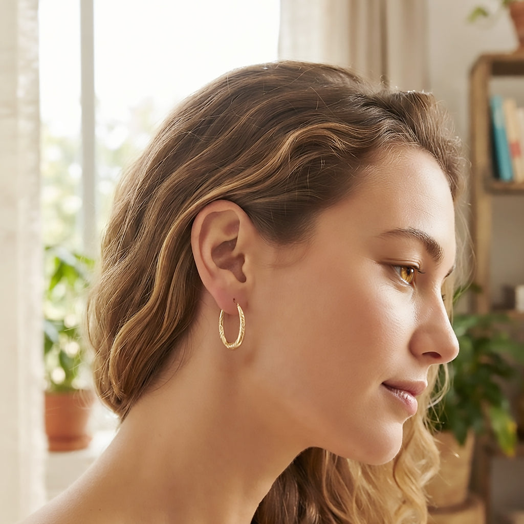 Real 10K Yellow Gold Oval Hoop Earrings | Engraved Swirl Design | 23mm