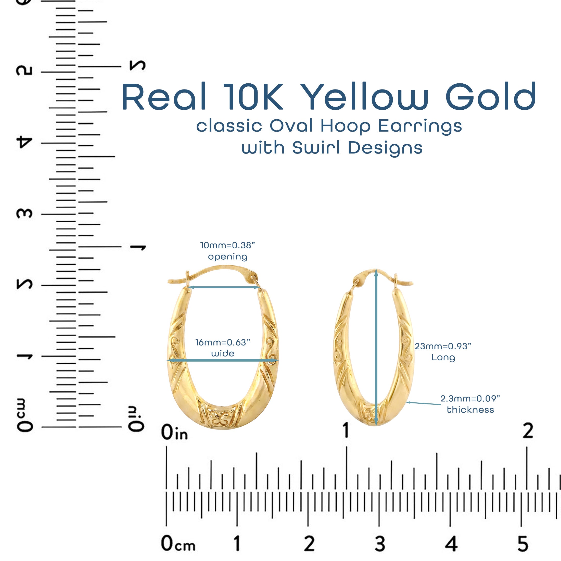 Real 10K Yellow Gold Oval Hoop Earrings | Engraved Swirl Design | 23mm