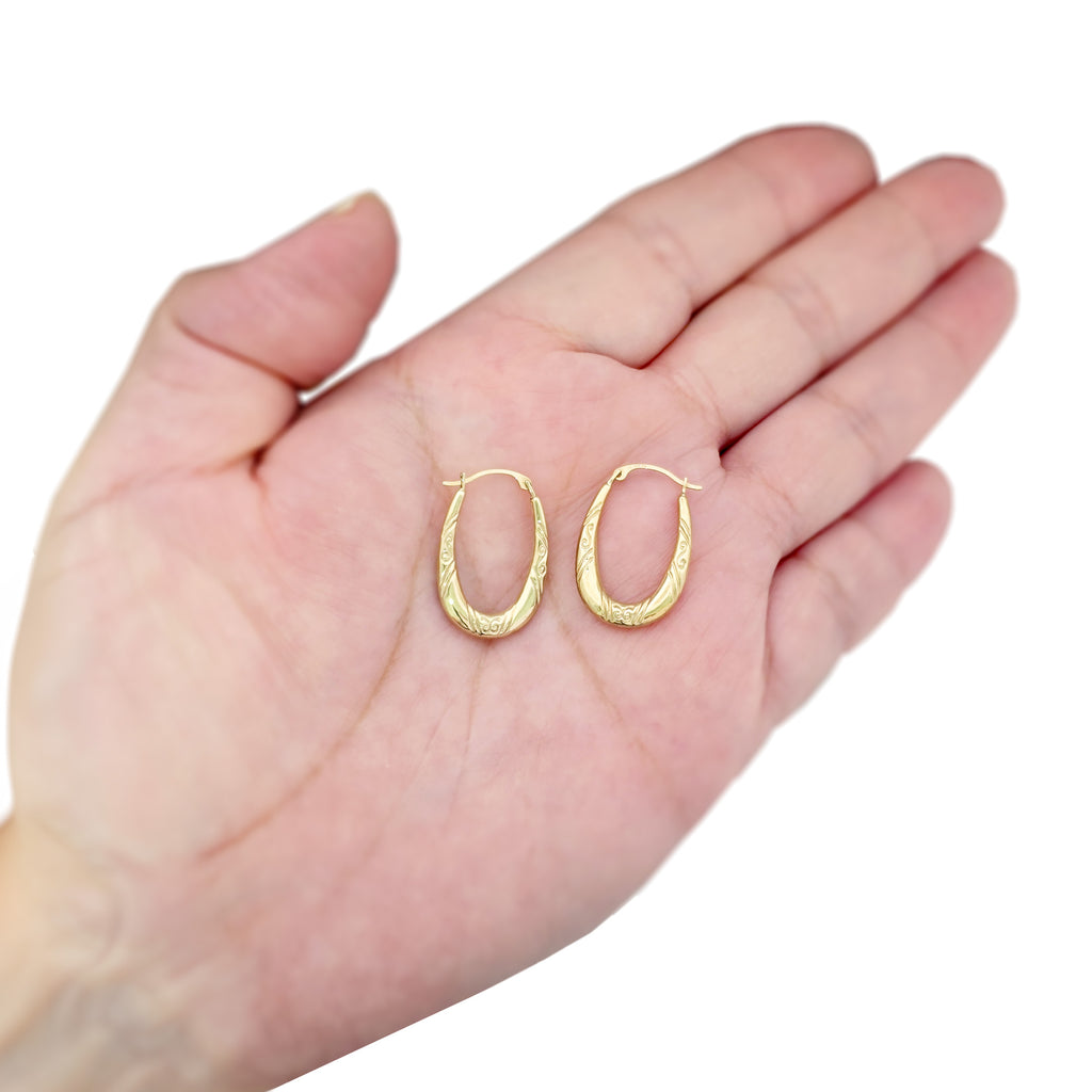 Real 10K Yellow Gold Oval Hoop Earrings | Engraved Swirl Design | 23mm