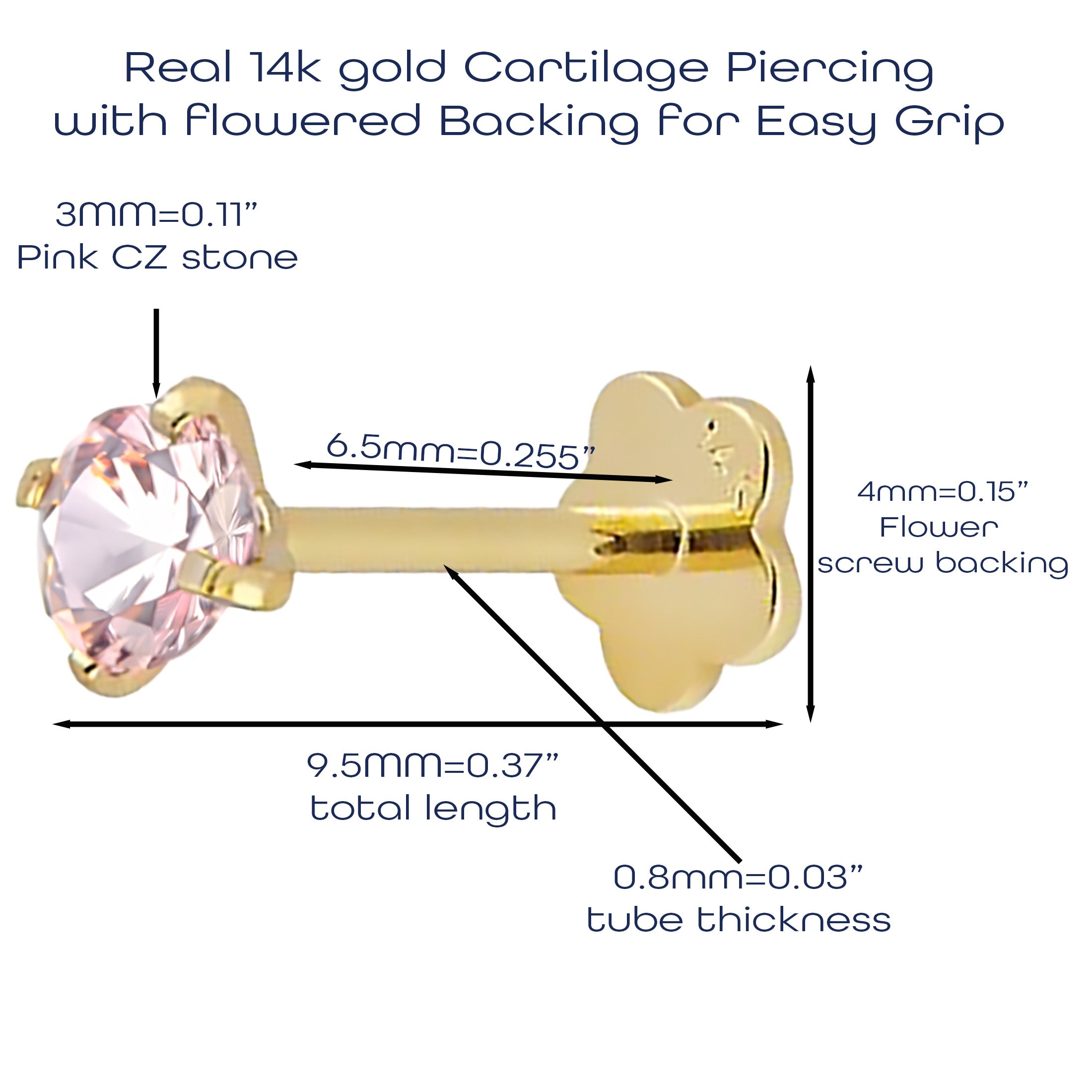 Gold cartilage earring with pink CZ stone and flowered backing, shown with measurements on a white background.