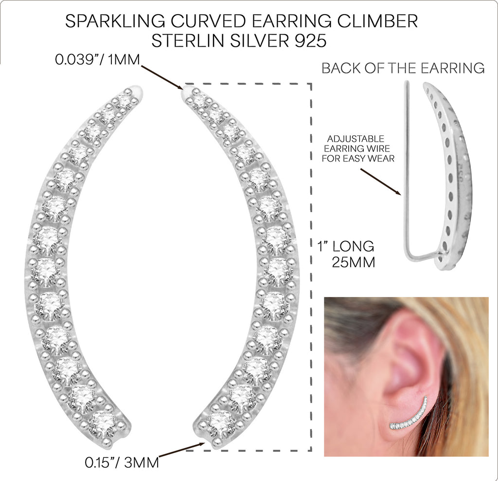 Climber Crawler Earrings 20mm-1 inch long 14K Yellow gold overlay real Sterling Silver 925 CZ