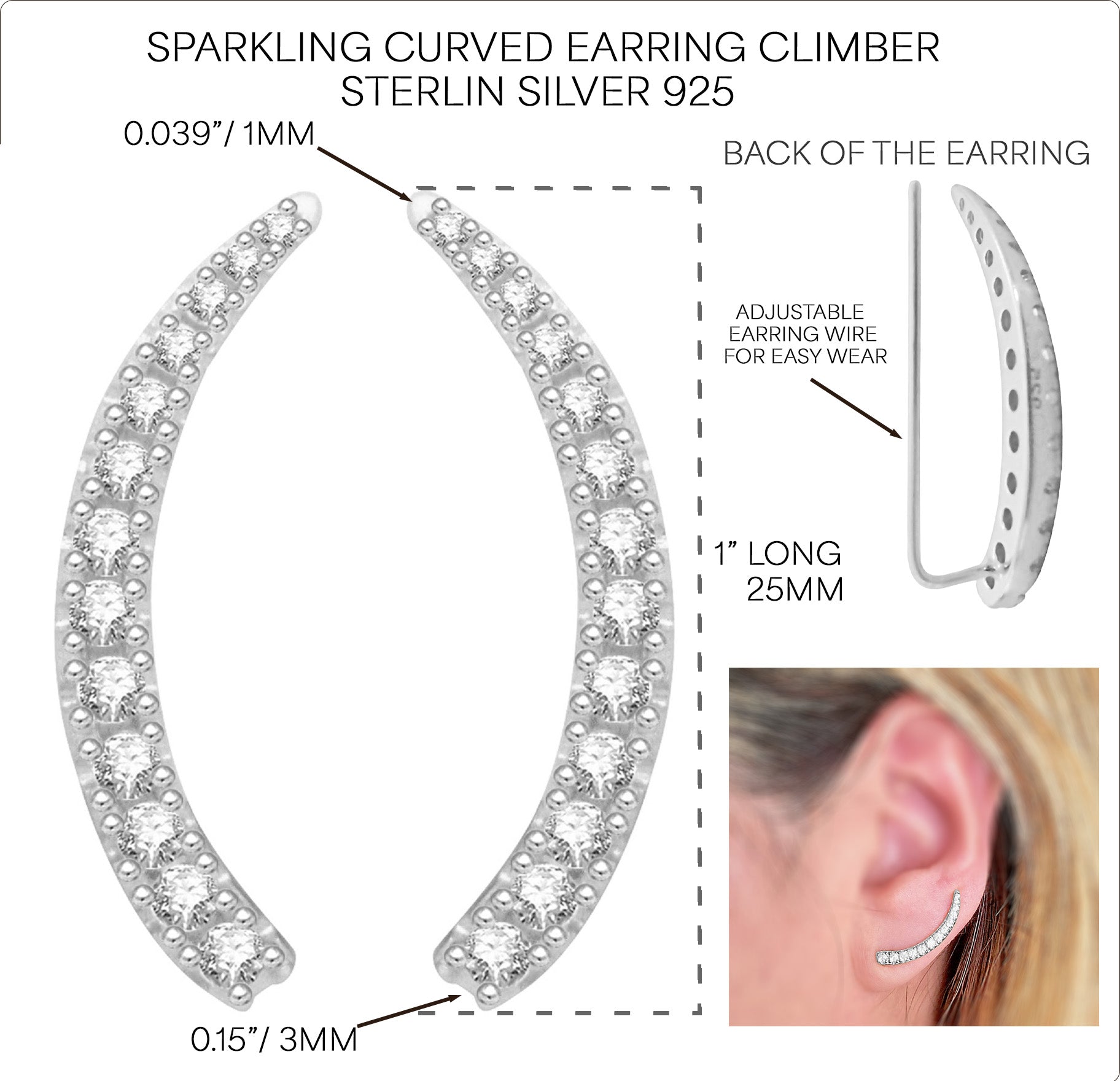 Climber Crawler Earrings 20mm-1 inch long 14K Yellow gold overlay real Sterling Silver 925 CZ
