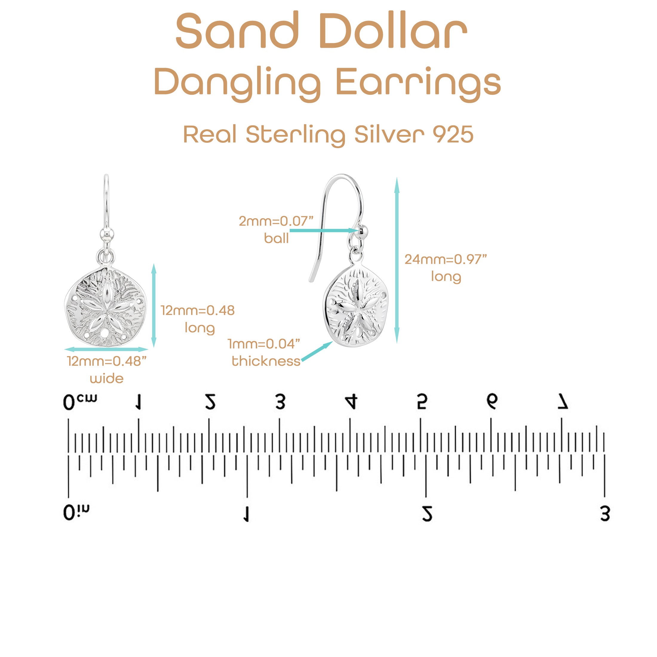 925 Sterling Silver Sand Dollar Dangle Earrings Beach Ocean Jewelry