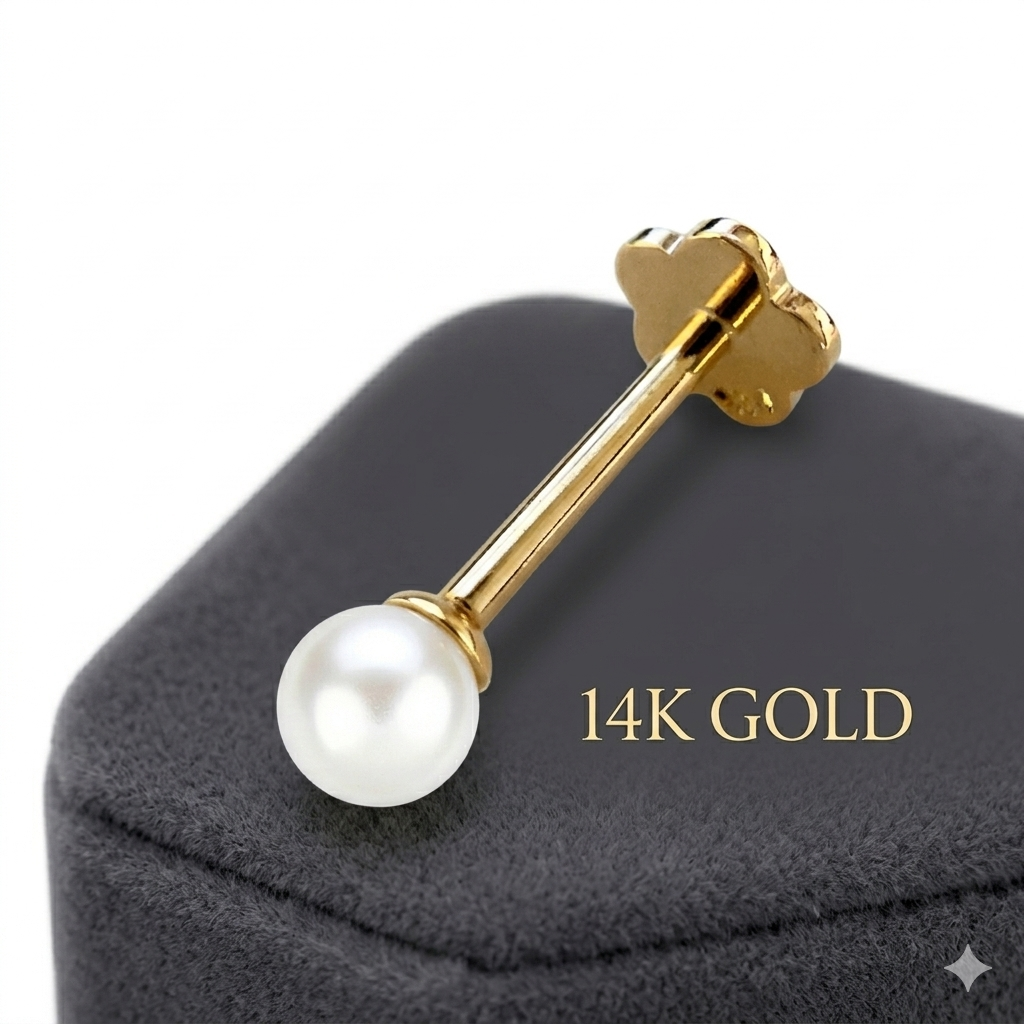 14K Solid Yellow Gold Freshwater Pearl Cartilage Stud | Internally Threaded Helix Tragus Conch Piercing