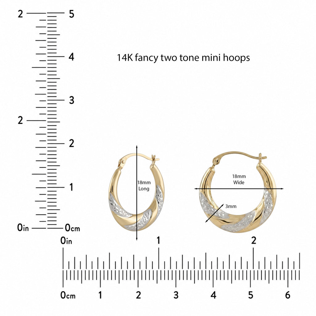 14K Two Tone Gold Fancy Mini Hoop Earrings – 18mm Yellow & White Gold