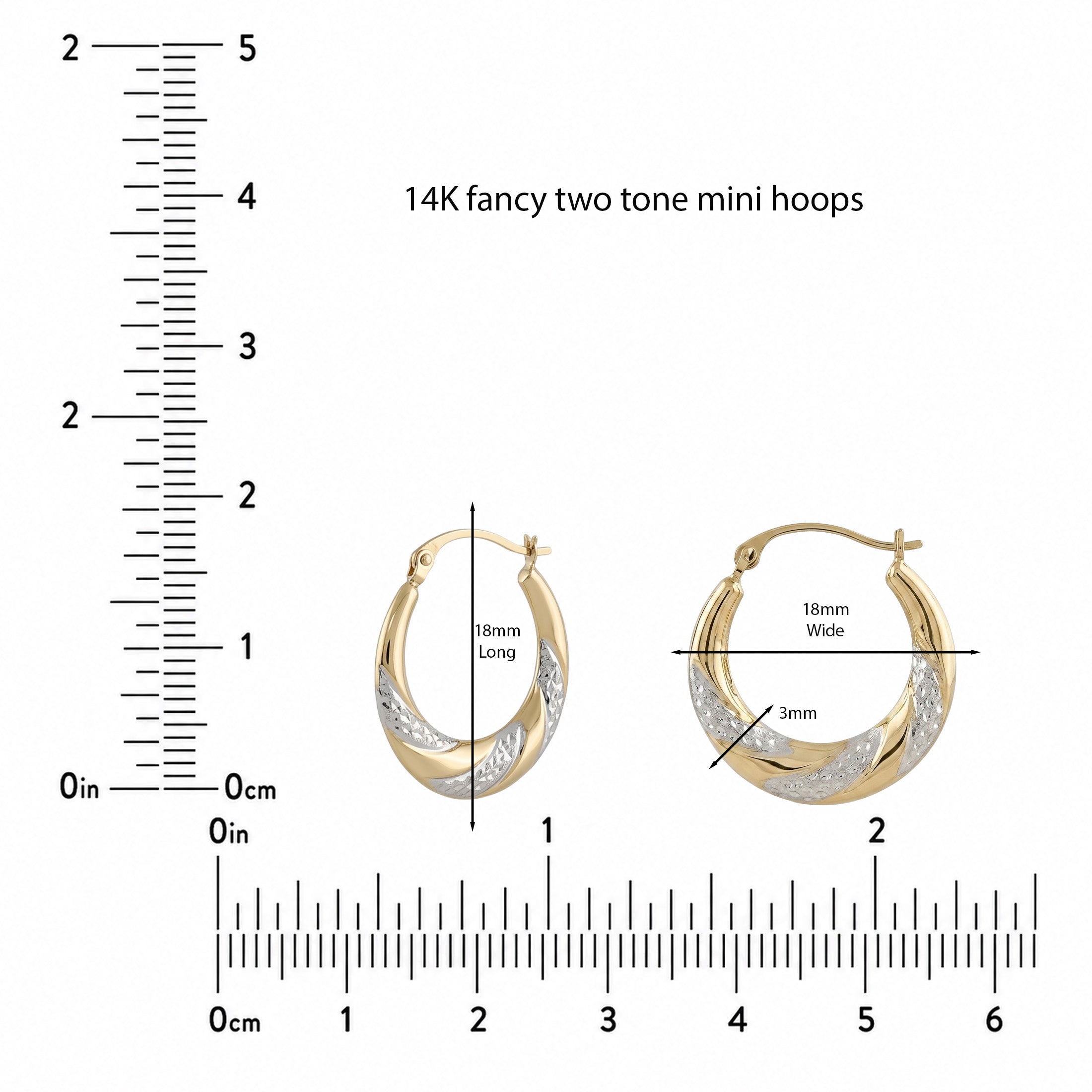 14K Two Tone Gold Fancy Mini Hoop Earrings – 18mm Yellow & White Gold