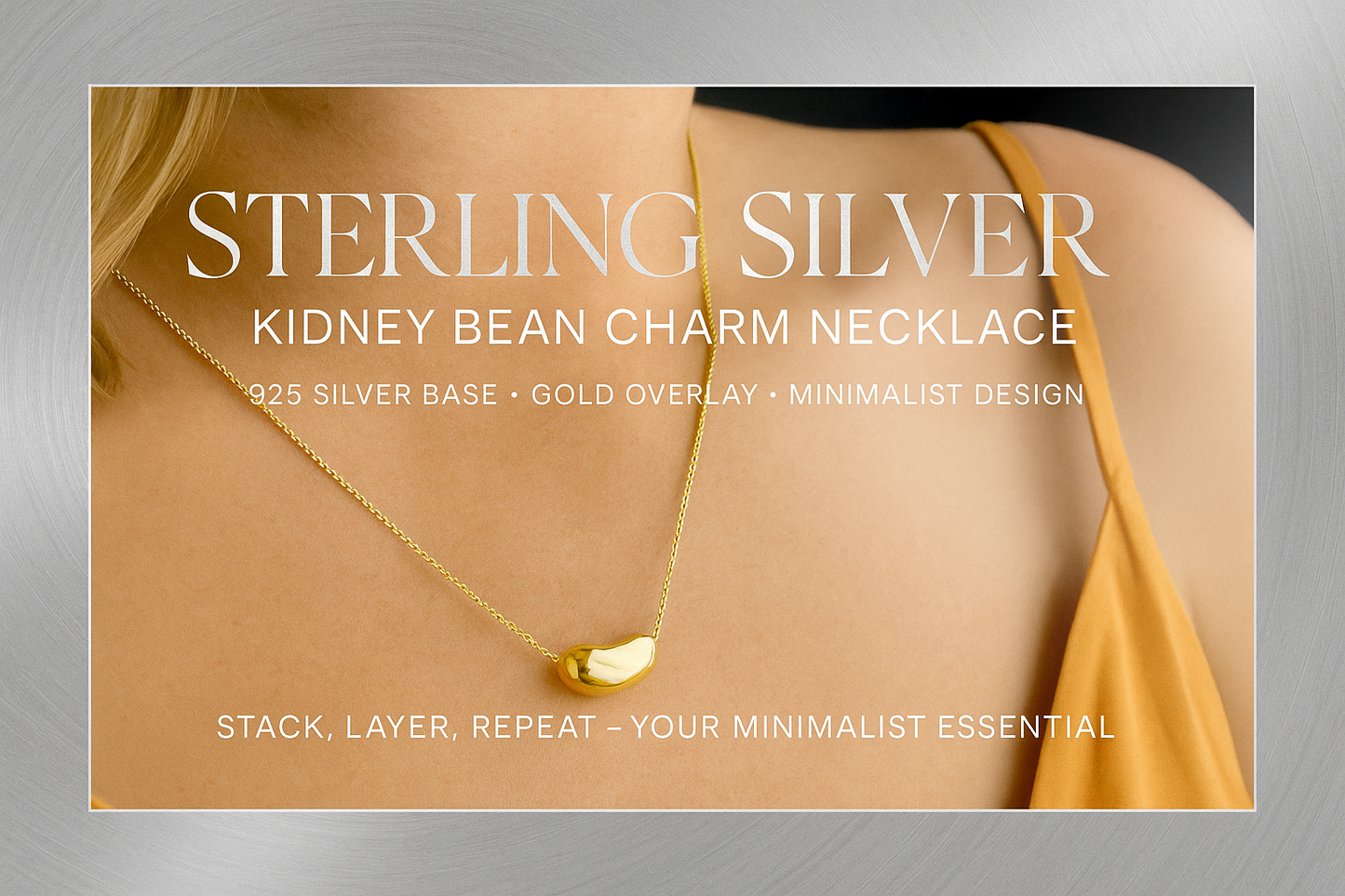 Kidney Bean Charm Necklace - Silver and Yellow Gold Overlay Sterling Silver 925 Minimalist Pendant 18 Inch Chain