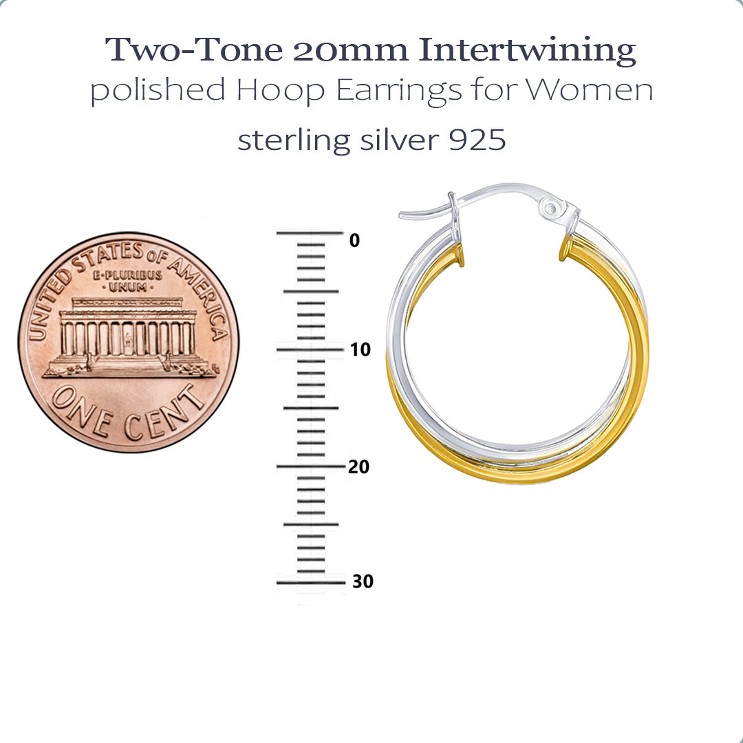 Ritastephens Two Tone Intertwined Hoop Earrings Sterling Silver 925 Yellow Gold Tone 20mm 25mm 30mm