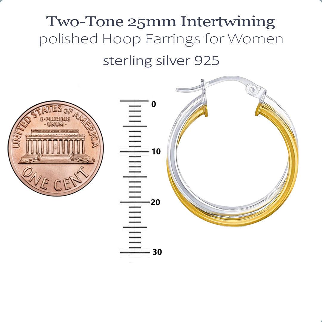 Sterling Silver Two Tone Intertwined Hoop Earrings - 925 Gold Plated Hoops 20mm 25mm 30mm
