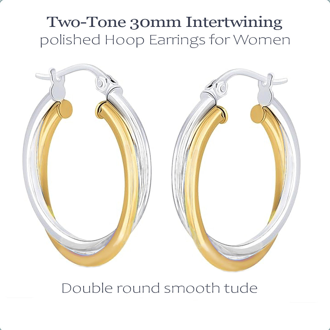 Ritastephens Two Tone Intertwined Hoop Earrings Sterling Silver 925 Yellow Gold Tone 20mm 25mm 30mm