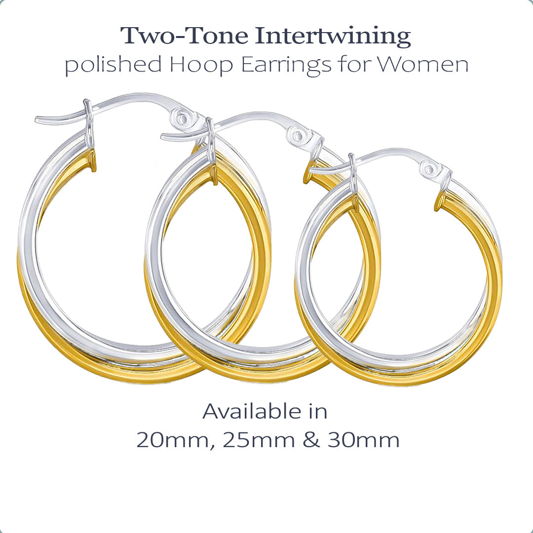 Ritastephens Two Tone Intertwined Hoop Earrings Sterling Silver 925 Yellow Gold Tone 20mm 25mm 30mm
