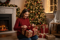 Video of a woman opening a gift box at home for Christmas