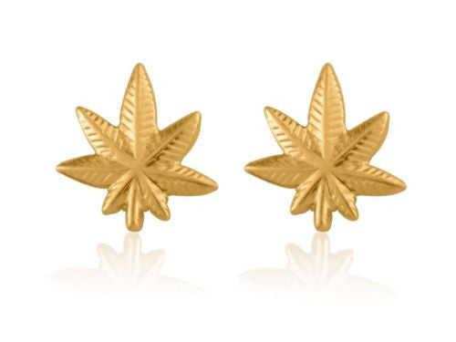 14K Solid Gold Weed Pot Marijuana Leaf Earrings Small