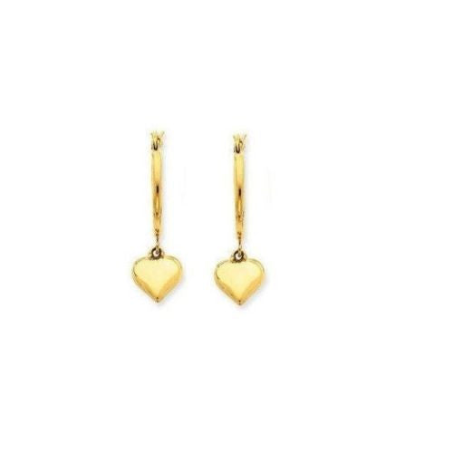 14K Real Yellow Gold Tubular Dangle Heart Hoop Earrings New 2x18mm hoops