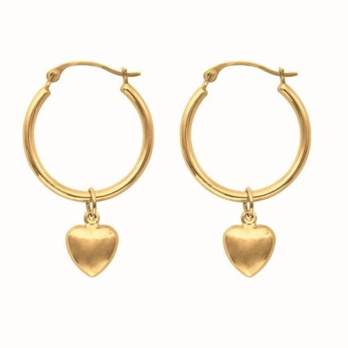 14K Real Yellow Gold Hoops Hoop Earrings Dangle Heart