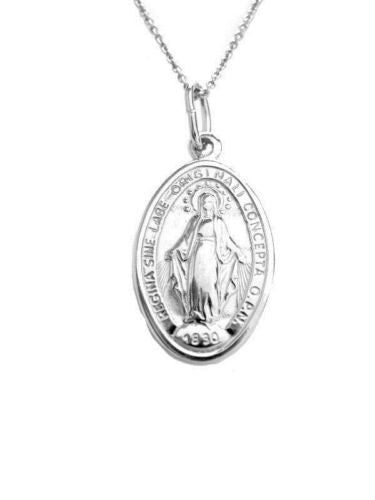 .925 Sterling Silver Miraculous Medal Oval Virgin Mary Charm Pendant 18"