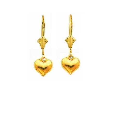 10K Real Yellow Gold Puffed Heart Lever Back Earrings