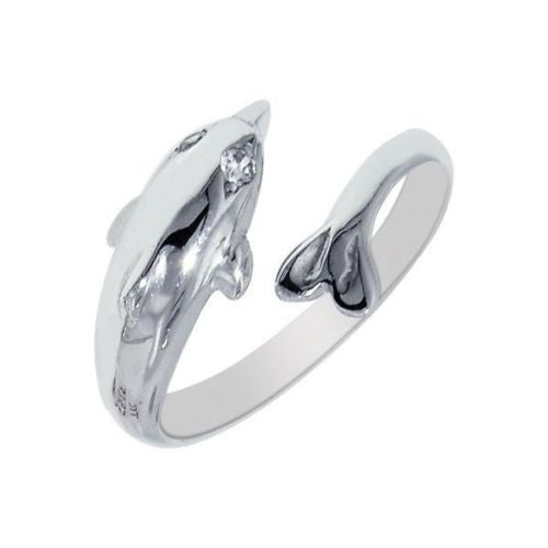 Ritastephens Elegant 10k Solid White Gold Dolphin Ring with CZ Accents – Adjustable for Ring or Toe, Stylish Dolphin Motif, Custom Fit, and Sparkling Luxury Jewelry