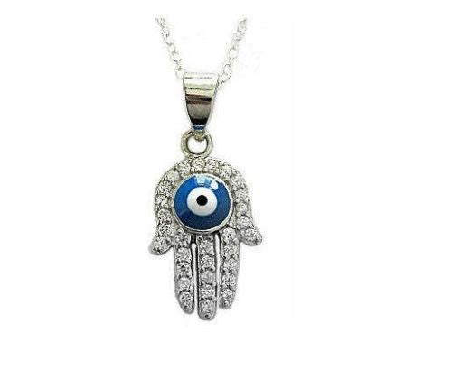 .925 Sterling Silver Hamsa Evil Eye Pendant Charm Necklace  18"