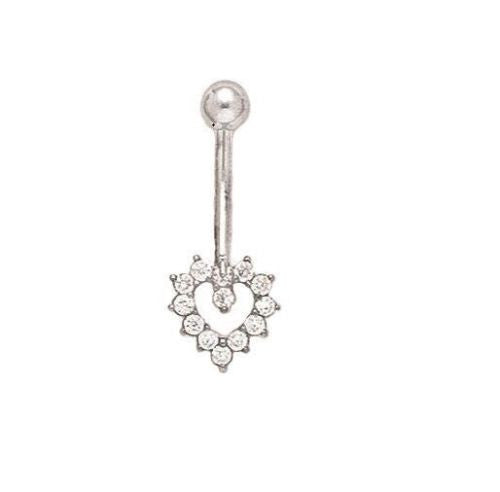 14k Real White Gold Heart CZ Belly Button Navel Ring