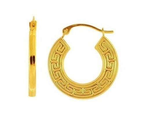 14K Real Yellow Gold Greek Key Hoops Hoop Earrings New