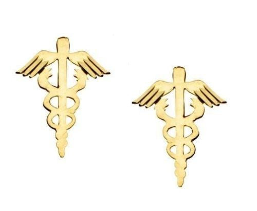 14k Yellow Gold Caduceus Stud Medical Symbol Earrings Small
