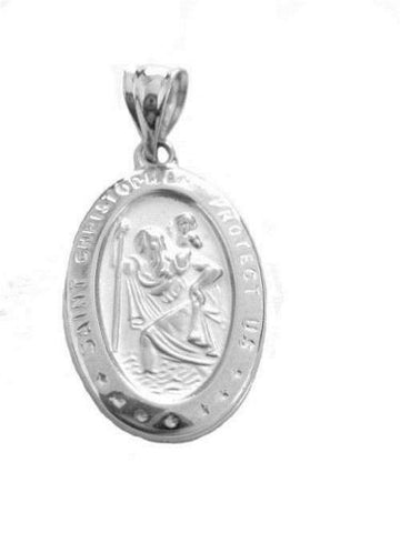 14K Real White Gold Oval St Saint Christopher Medal Charm Pendant 21mm