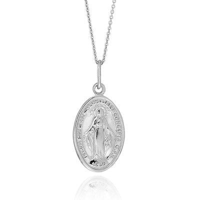 .925 Sterling Silver Miraculous Medal Oval Virgin Mary Charm Pendant 18" Small