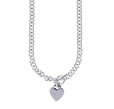 .925 Sterling Silver Rhodium Charm Link Heart Tag Toggle Necklace 18"