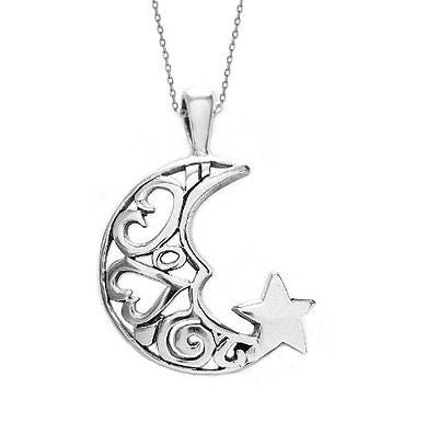 Sterling Silver Crescent Moon Heart Star Best Friend Charm Pendant Necklace 18"