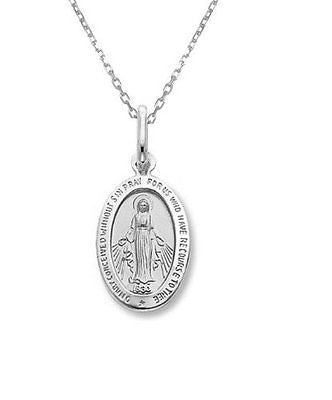 .925 Sterling Silver Miraculous Medal Oval Virgin Mary Charm Necklace 18"