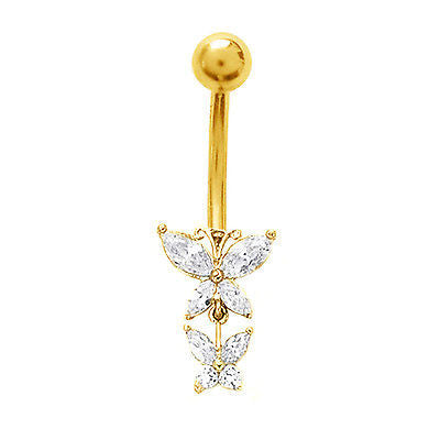14k Yellow Gold CZ Butterfly Link Cubic Zirconia Belly Ring