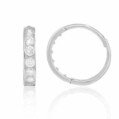 Ritastephens 14K Solid White Gold Huggie Hoop Earrings - 14.5mm Huggy Hoops with CZ, Dainty and Elegant Small White Gold Earrings, Cubic Zirconia Studded Gold Huggies for Everyday Wear