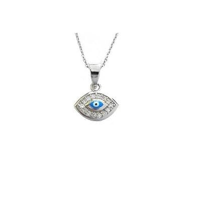 Sterling Silver Evil Eye Good Luck CZ Pendant Charm Necklace 18"