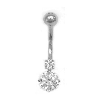 14k Solid White Gold Cubic Zirconia Belly Button Navel Ring Barbell