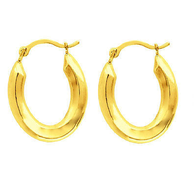 14k Yellow Gold Shiny Oval Shape Small Hoop Earrings Snap Closure 16mm