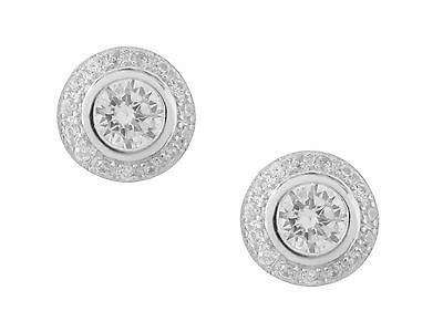 Sterling Silver Round Circular CZ Solitaire Bezel Set Halo Stud Earrings 9mm