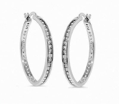 925 Sterling Silver CZ Hoop Channel Set Earrings 25mmx3mm