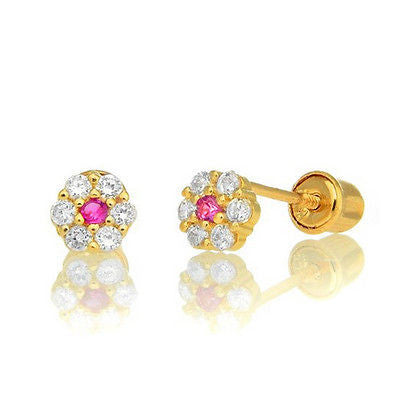 14k Yellow Gold Baby White Pink Cz Flower Petals Halo Earrings Screw Back Studs