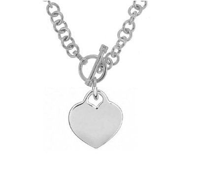 .925 Sterling Silver Rhodium Charm Link Heart Tag Toggle Necklace 18"
