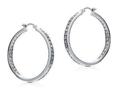 925 Sterling Silver CZ Inside Out Hoop Earrings 35x3.5mm Large Hoops
