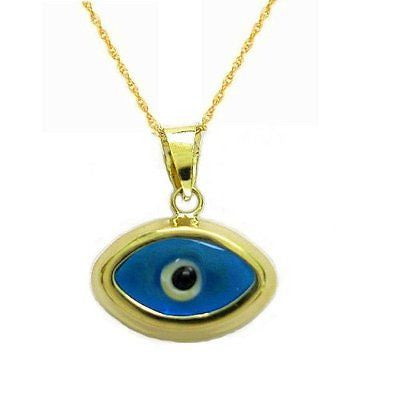 14k Yellow Gold Blue Evil Eye Good Luck Pendant Charm Necklace 18"