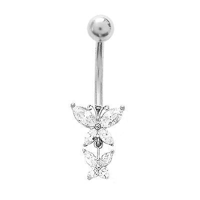 14k White Gold CZ Butterfly Link Cubic Zirconia Belly Ring New