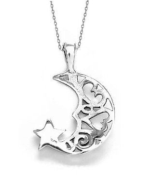 Sterling Silver Crescent Moon Heart Star Best Friend Charm Pendant Necklace 18"