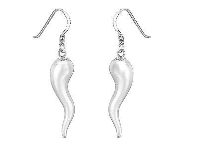 Sterling Silver Italian Horn Dangle Drop Kidney Wire Back Earrings 25x6mm
