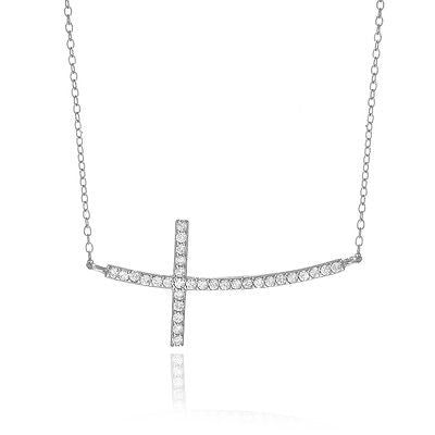 Ritastephens Radiant Sterling Silver Curved Sideways CZ Cross Necklace – Adjustable 16"-18" Length for a Touch of Glamorous Faith