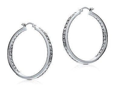 .925 Sterling Silver CZ Hoop Inside Out Earrings 35mmx3.5mm Large Hoops