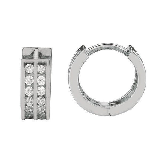 Ritastephens .925 Sterling Silver CZ Two-Row Huggy Huggie Earrings – 4.5x12mm Sparkling Design | Classic Modern Hoop Earrings | Dazzling Sterling Silver Jewelry