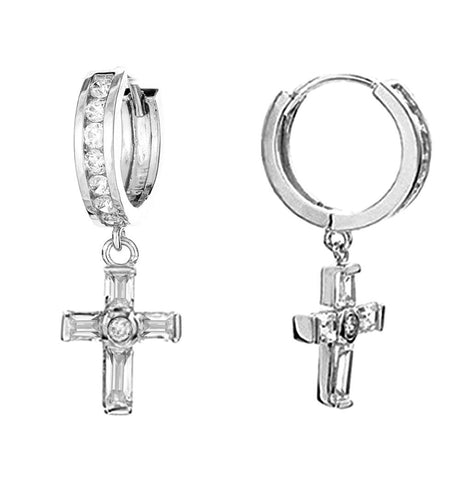 .925 Sterling Silver CZ Channel Set Huggy Huggie Dangle Cross Earrings 3x13.5mm