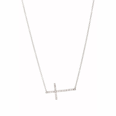 Sterling Silver CZ Sideways Cross Necklace 18"
